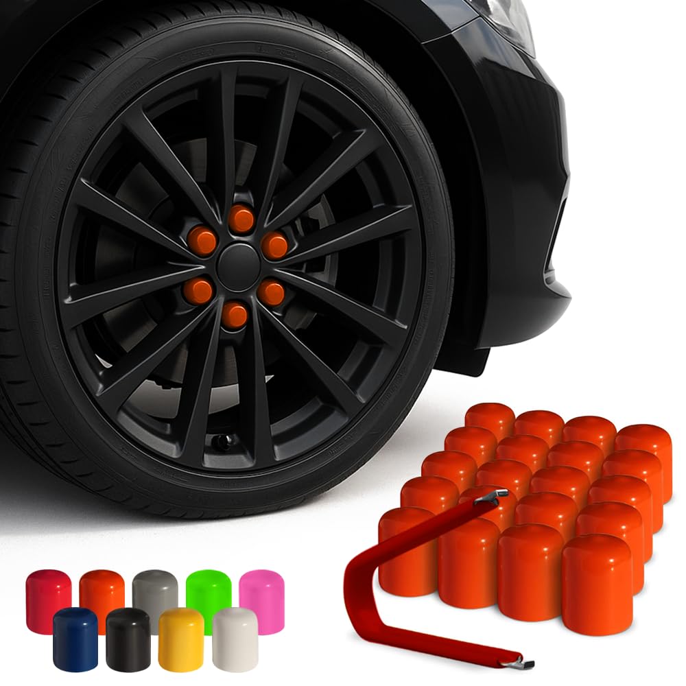 Colorlugs Vinyl Lug Nut Cover | Orange | Flexible Fit Wheel Lug Nut Cap | Fits 19 Mm | Pack Of 25 | Includes Deluxe Extractor | Made In The Usa
