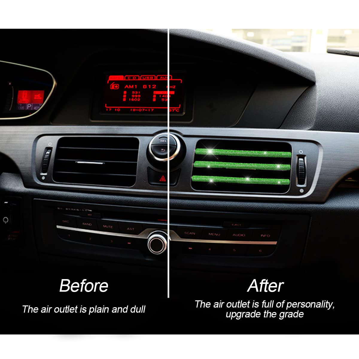 Aukepo Green Rhinestones Diamond Decoration Strips, 10Pcs Waterproof Bling Car Vent Outlet Trim For Straight Air Conditioner, In