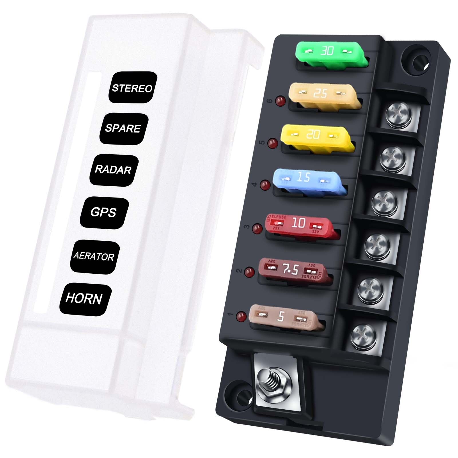 YEZriler 12V Fuse Block, 6 Circuits Waterproof Marine Fuse Panel Relay Box Kit with LED Indicator Damp-Proof Cover, 12 Volt Fuse
