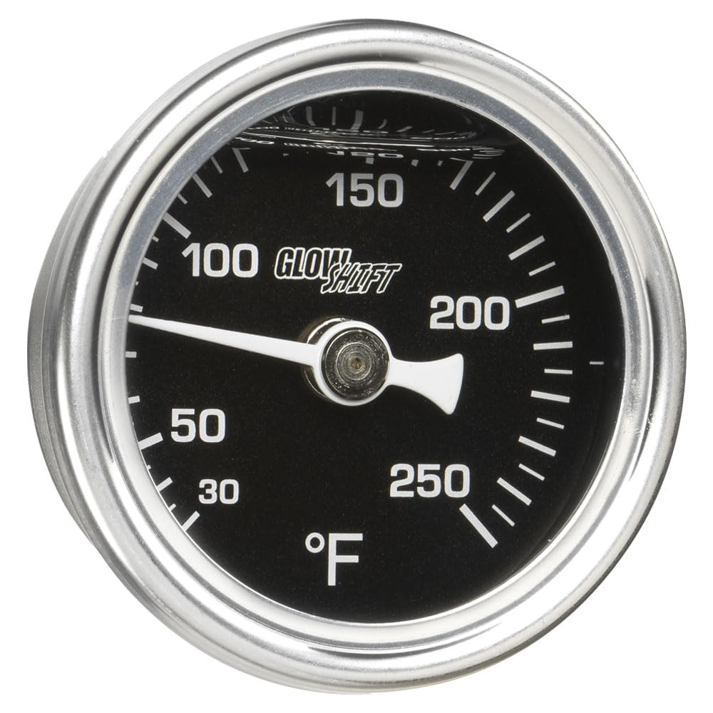 GlowShift Liquid Filled Mechanical 250 F Temperature Gauge - for Water Coolant or Oil Temp - 3/8-18 NPT Threaded Sensor - Black 