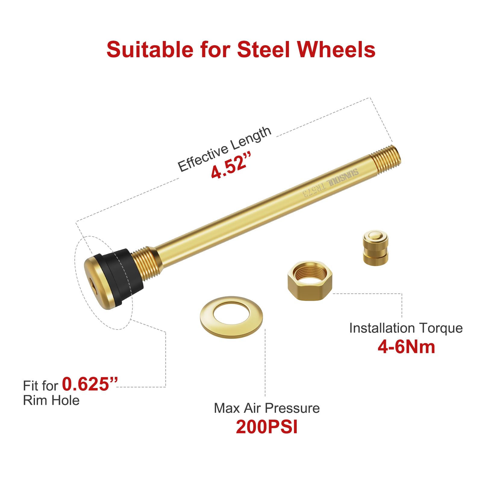 Sunsoul Tr573 10Pcs Truck Tire Valve Stems, Brass Commercial 4-3/8 Valve Stems For Rim F.625''