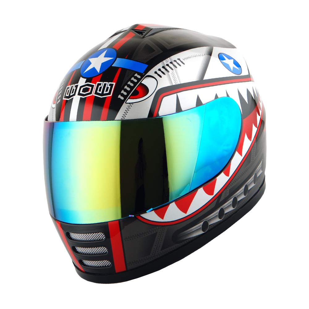 Wow Youth Motorcycle Full Face Helmet Street Bike Bmx Mx Kids Shark Black + Mx Skeleton Glove Bundle