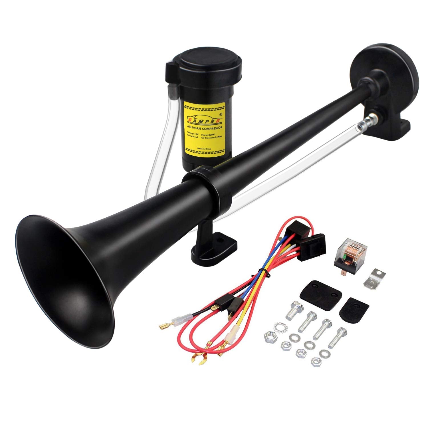 GAMPRO 12V 150DB Car Air Horns, 18 Inches Chrome Zinc Single Trumpet Truck Air Horn with Compressor for Any 12V Vehicles Trucks 