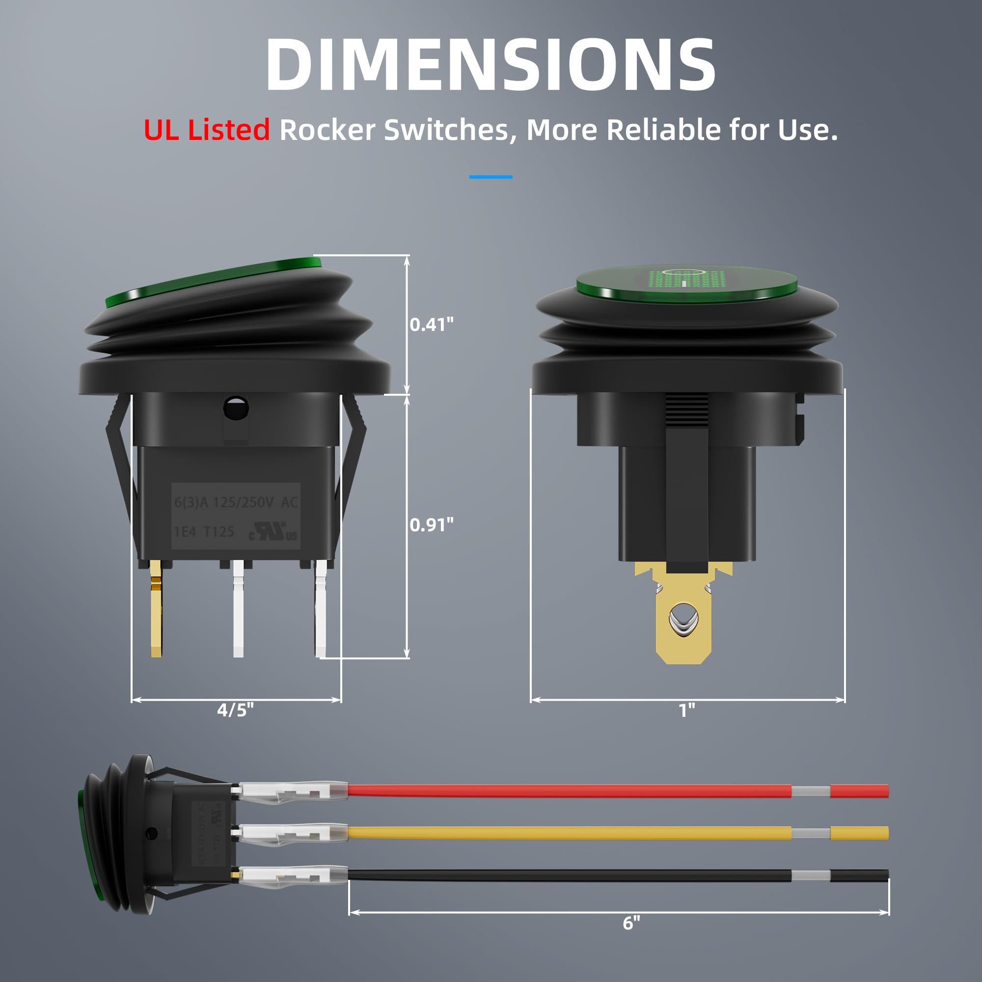 DAIERTEK Green LED Rocker Switch - Waterproof 12V 20A SPST for Car, Motorcycle, UTV, ATV (5pcs)