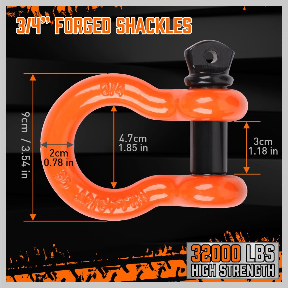 HORUSDY Heavy Duty Tow Strap Recovery Strap 3" x 30Ft, 32,000 LBS Capacity, Orange with 2 D Ring Shackles
