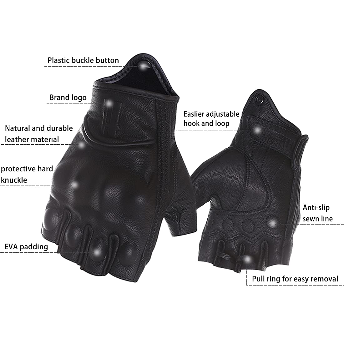 Harssidanzar Half Finger Motorcycle Gloves,For Mens Leather Riding Driving Gloves With Hand Knuckle Gm037,Black,Size, S