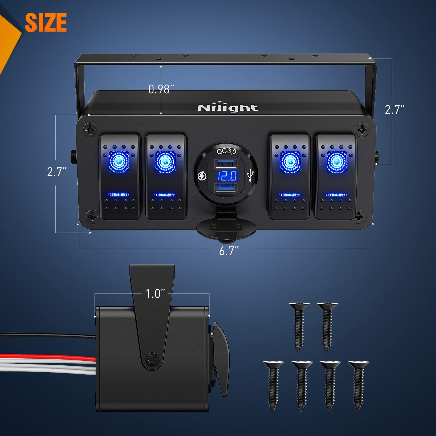 Nilight 4 Gang Rocker Switch Box 12V SPST ON Off Switch QC 3.0 USB Charger Voltmeter Waterproof Aluminum Rocker Switch Panel Nig
