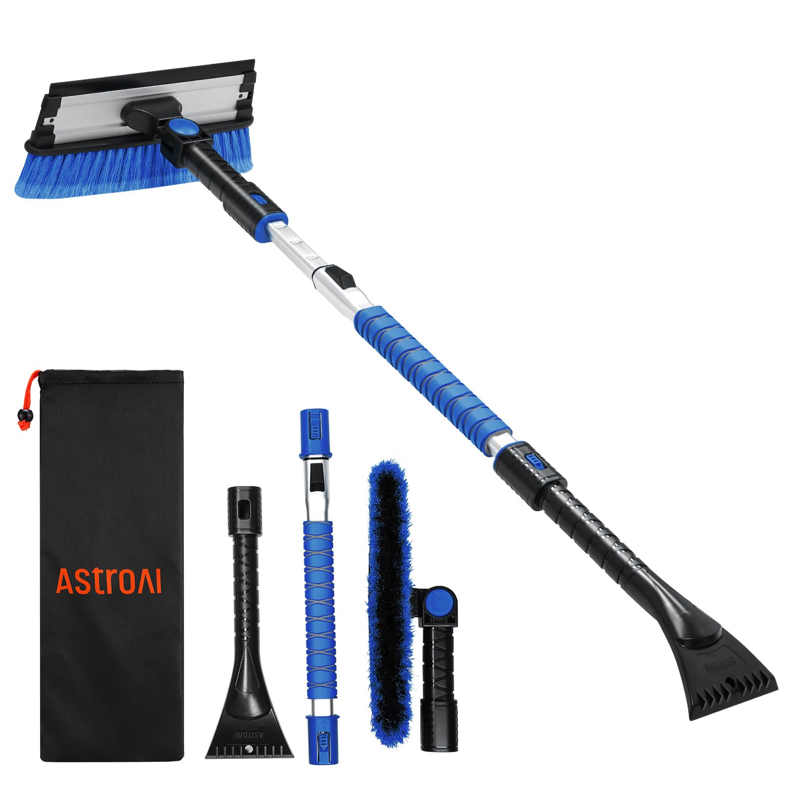 AstroAI 3-in-1 Snow Brush with Squeegee, 47.2" Extendable Handle, 10 Adjustable Lengths, Blue, Model S1M0BL
