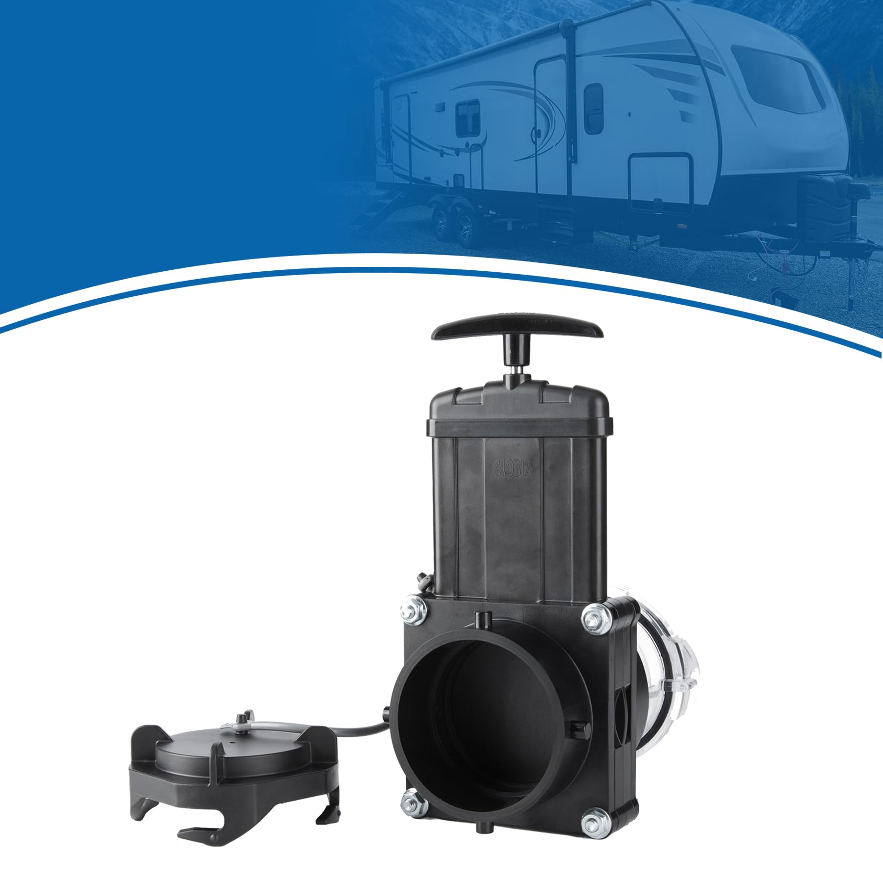 GLOBIZ RV Twist-On Waste Valve with Clear Adapter, Medium Size, UV-Resistant, Black & Clear, Model TOV, Compatible with Most Brands