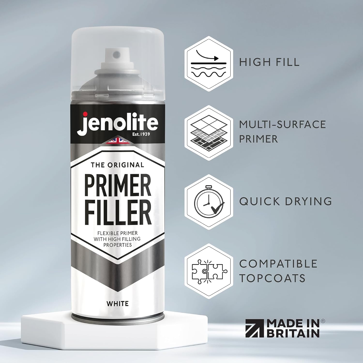 JENOLITE Primer Filler Aerosol Paint - White, 400ml, Flexible, High Filling Properties for Smooth Finish, Model 89179