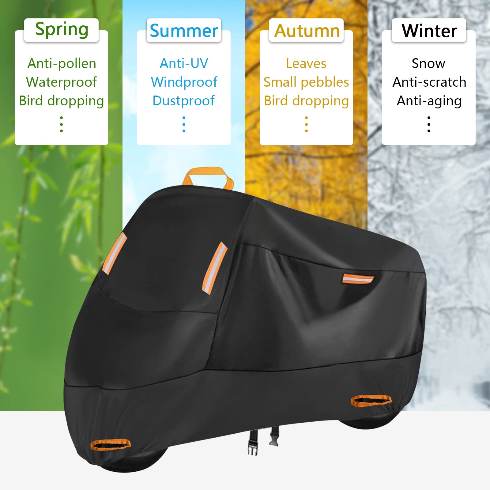 300D Heavy Duty Motorcycle Cover, Seceles All Season Durable Waterproof Outdoor Protection Scooter Cover 4 Reflective Tape Stora