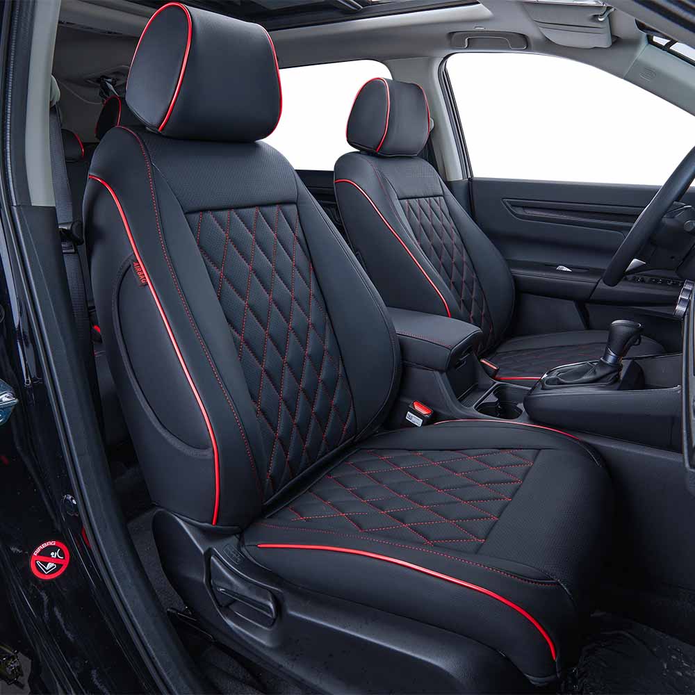 Ekr Custom Fit Crv Seat Covers For Select Honda Crv 2017 2018 2019 2020 2021 2022 - Full Set,Leather (Black With Red Piping)