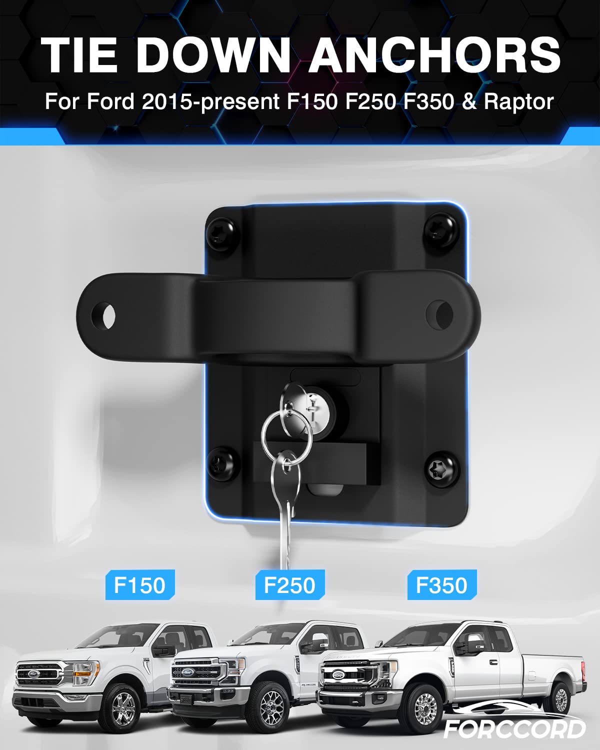 Forccord Tie Down Anchors for Ford F150, F250, F350 & Raptor 2015-2026, Stainless Steel, 4 Pack, Includes Lightning Compatible Bed Tie Downs