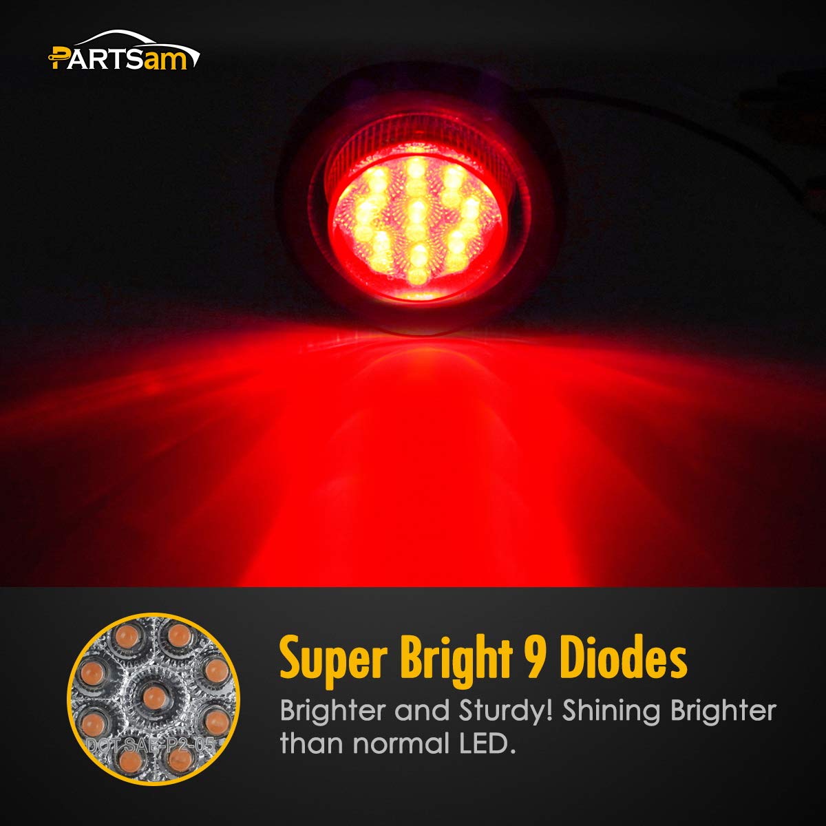 Partsam 5X 2 Led Marker Light Cab Panel Light, 2 Inch Red 9 Led Round Clearance Lights W Grommet/Pigtail For Trailer Truck Rv Ca