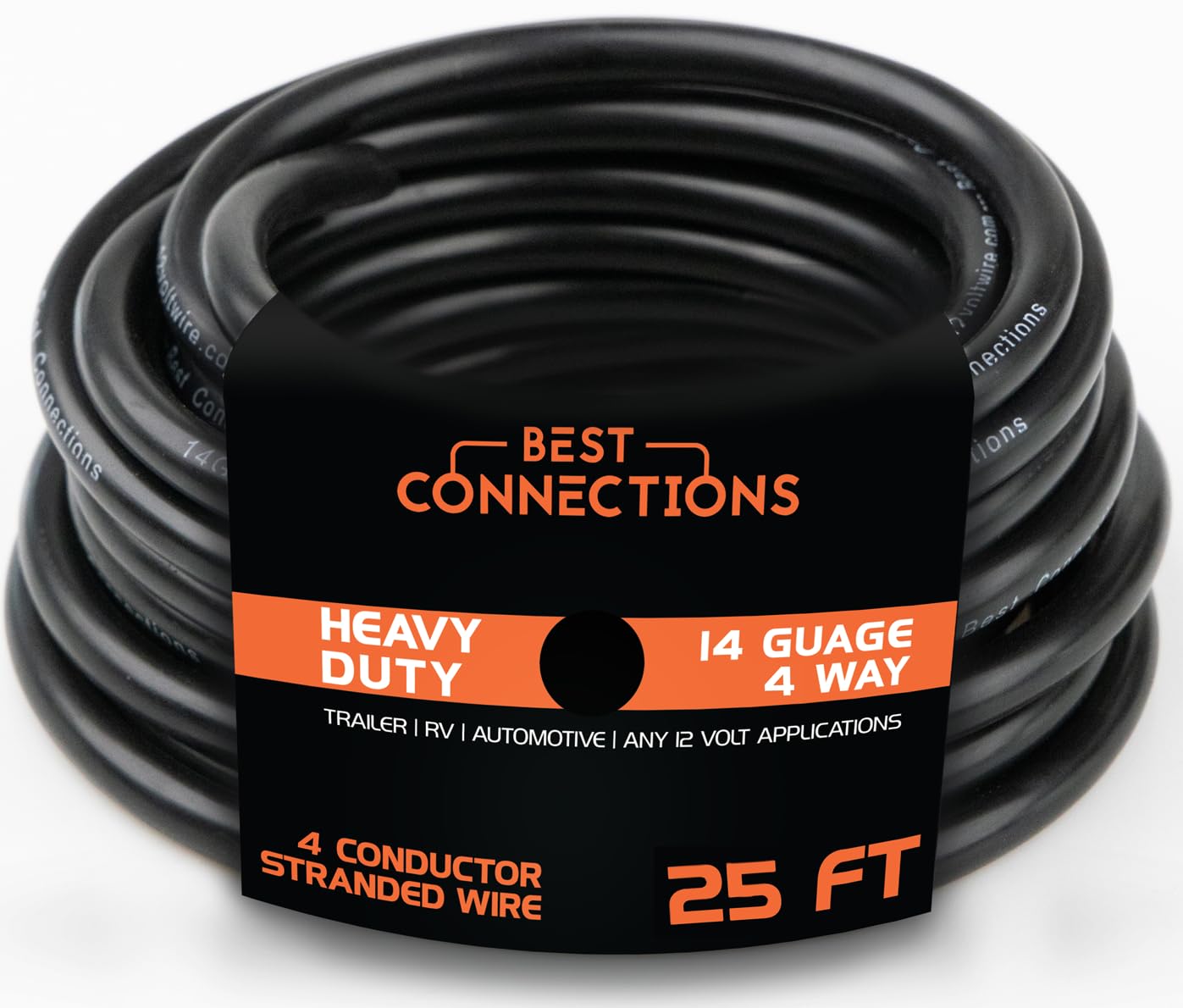BEST CONNECTIONS 4 Way Trailer Wire (25 Feet) - Heavy Duty 14 Gauge 4 Conductor Insulated Cable - Durable, Weatherproof, Color-C