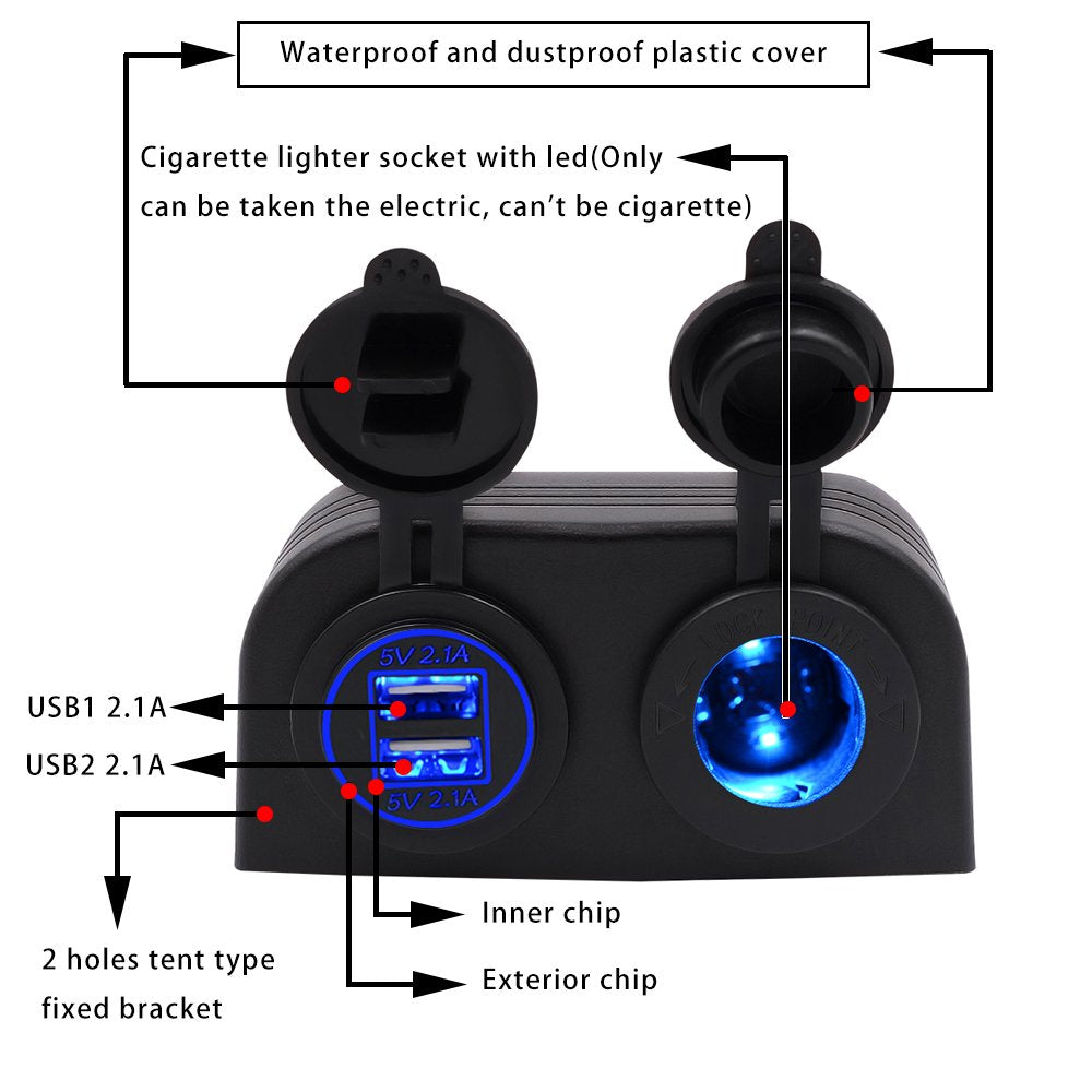 Bluefire Two Hole Tent Type Panel 4.2A Dual Usb Charger + 12V/24V Cigarette Lighter Socket For Car Motorcycle Boat Marine Atv Rv