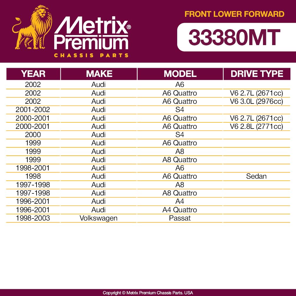 Metrix Premium Chassis Parts - Front Lower Forward Control Arm W Ball Joint & Bushing Assembly Fits 02 Audi A6, 01-02 S4, 98-02