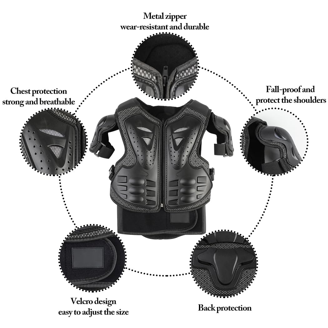JUSTDOLIFE Youth Dirt Bike Gear - 5 PCS Motorcycle Armor Set, Black, Includes Jacket, Knee Pads, Elbow Pads, Chest Protector, Model JO611G06465AF3409W