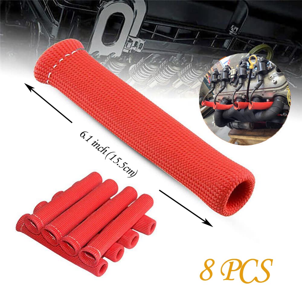 DEGEOBERLIN Spark Plug Wire Boots - Thermal Protection Insulator Sleeve, 6" Red, 1200°F Heat Shield, 8PCS