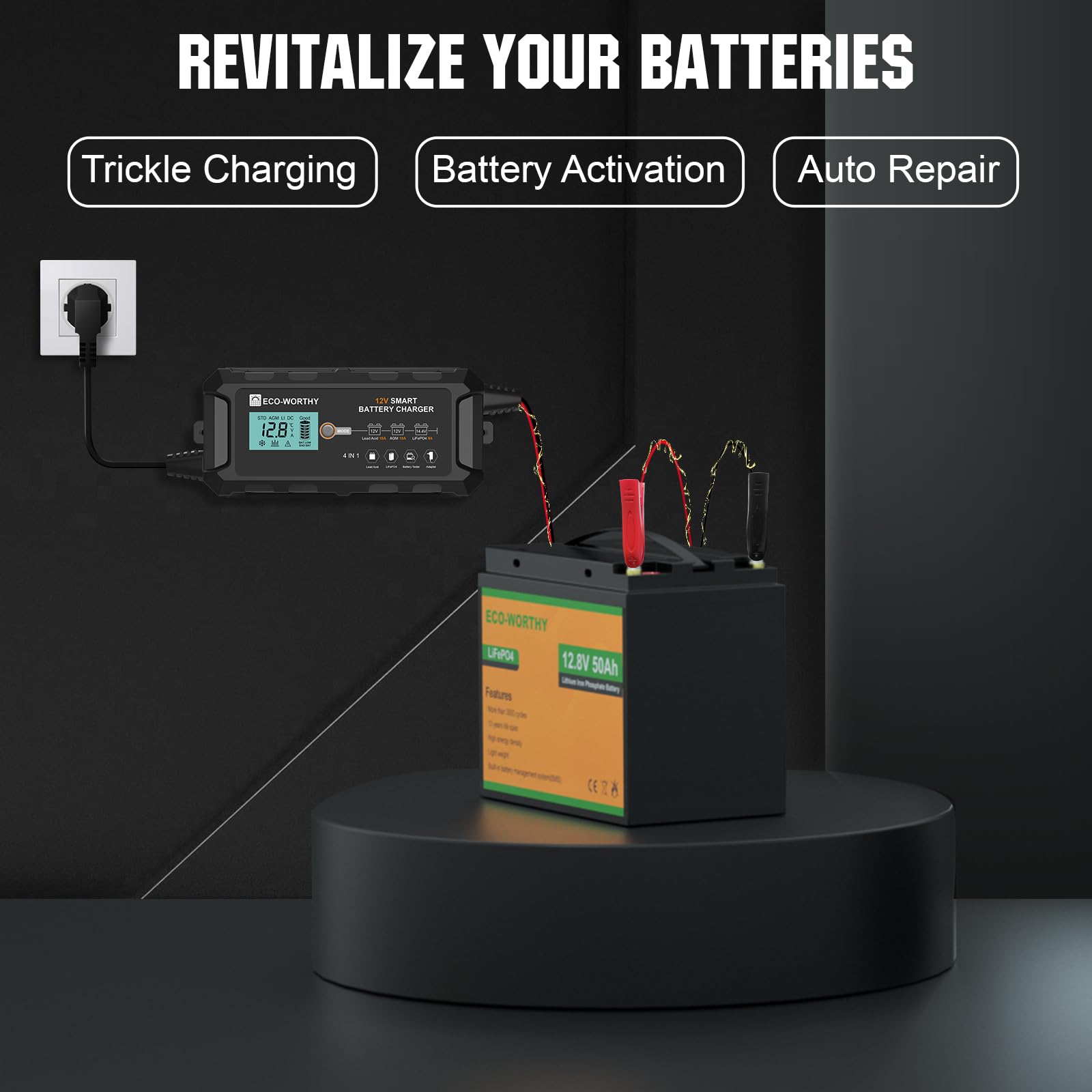 ECO-WORTHY 10-Amp 12V Smart Fully Automatic Battery Charger Maintainer Trickle Charger for Lead Acid LiFePO4 Battery Car Motorcy