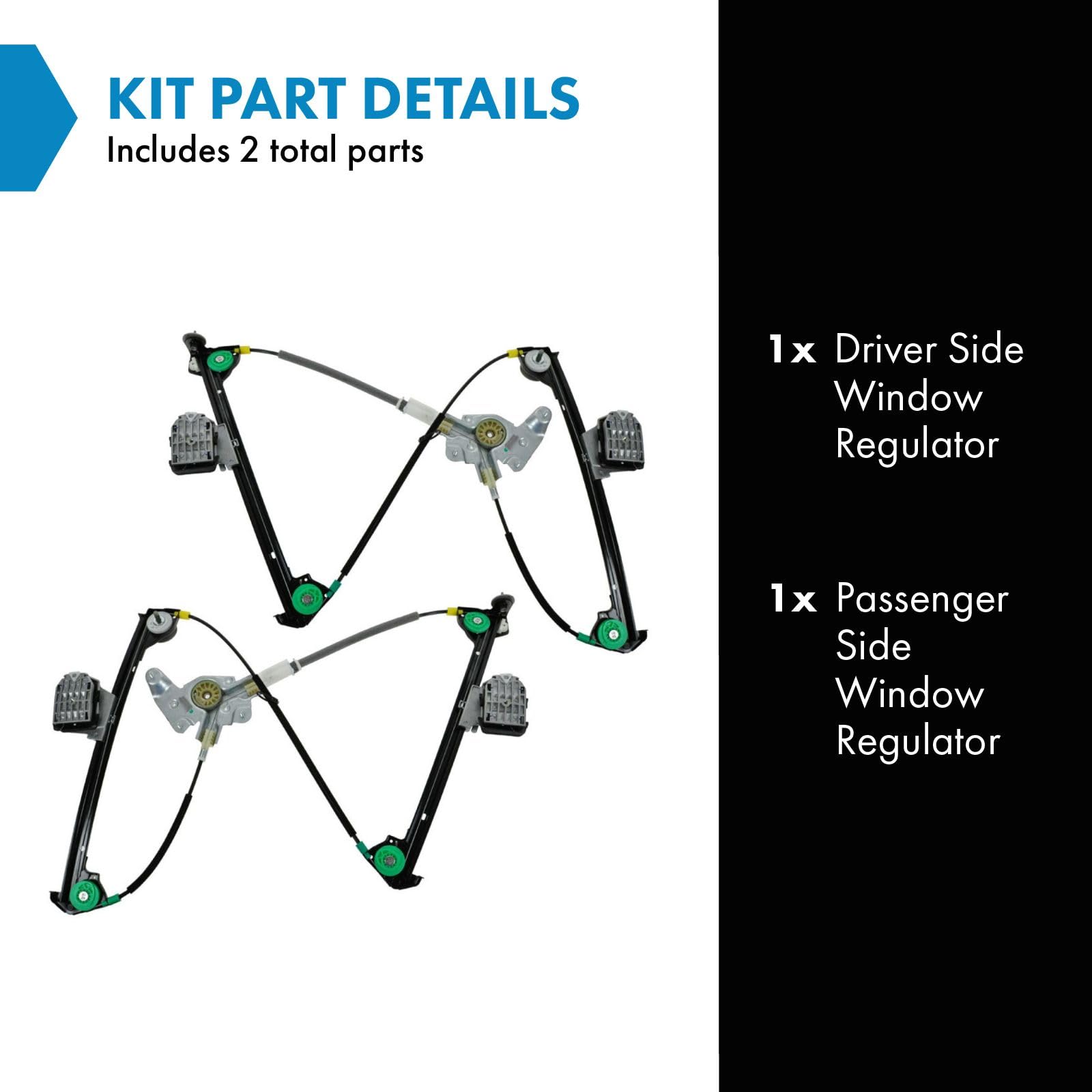 TRQ Power Window Regulator Set for 2005-2009 Ford Mustang - Driver & Passenger Side, Machined Finish, Model WRA50853