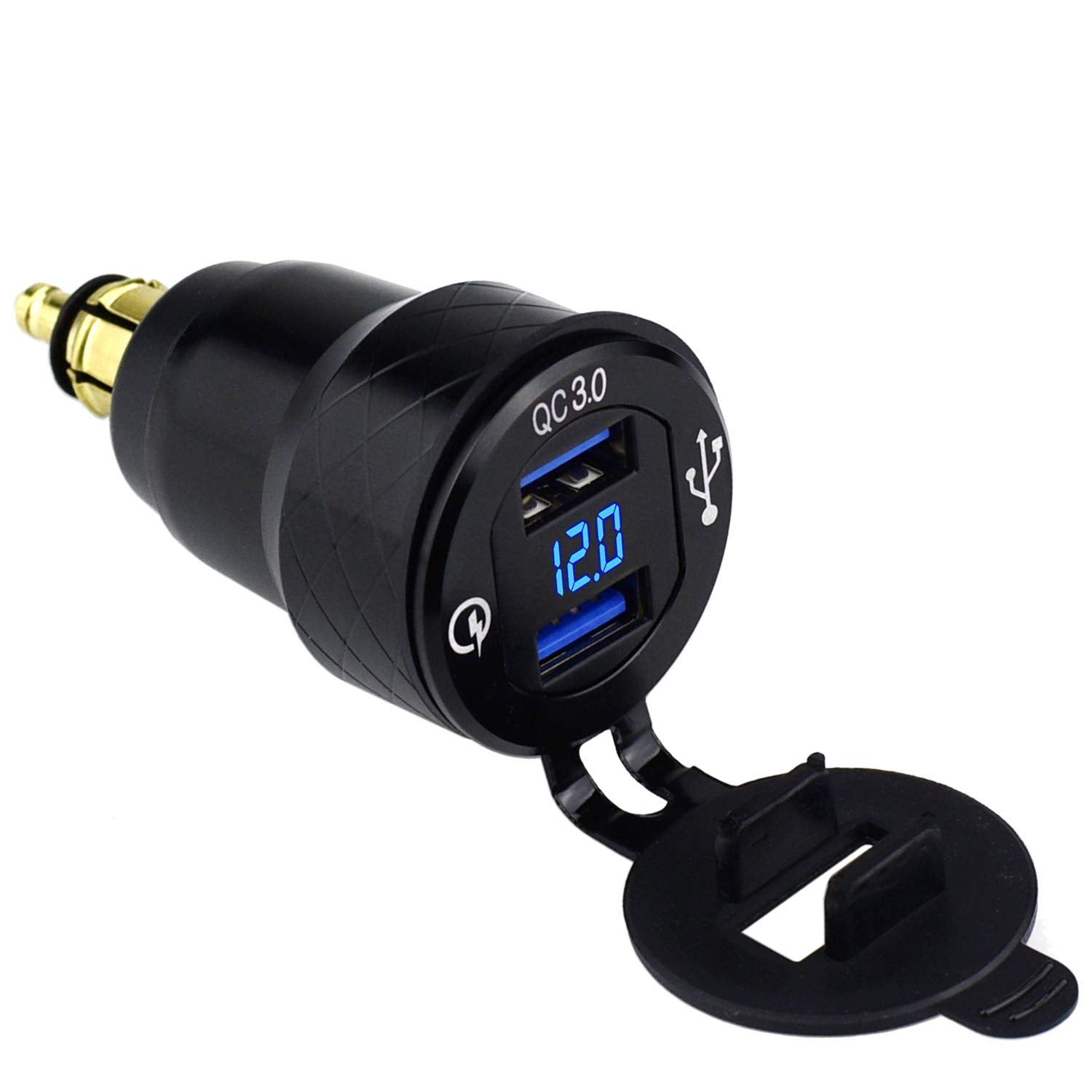 Cllena Din Hella Plug To Dual Quick Charge 3.0 Usb Charger Adapter With Led Voltmeter For Bmw Motorcycle (Blue)