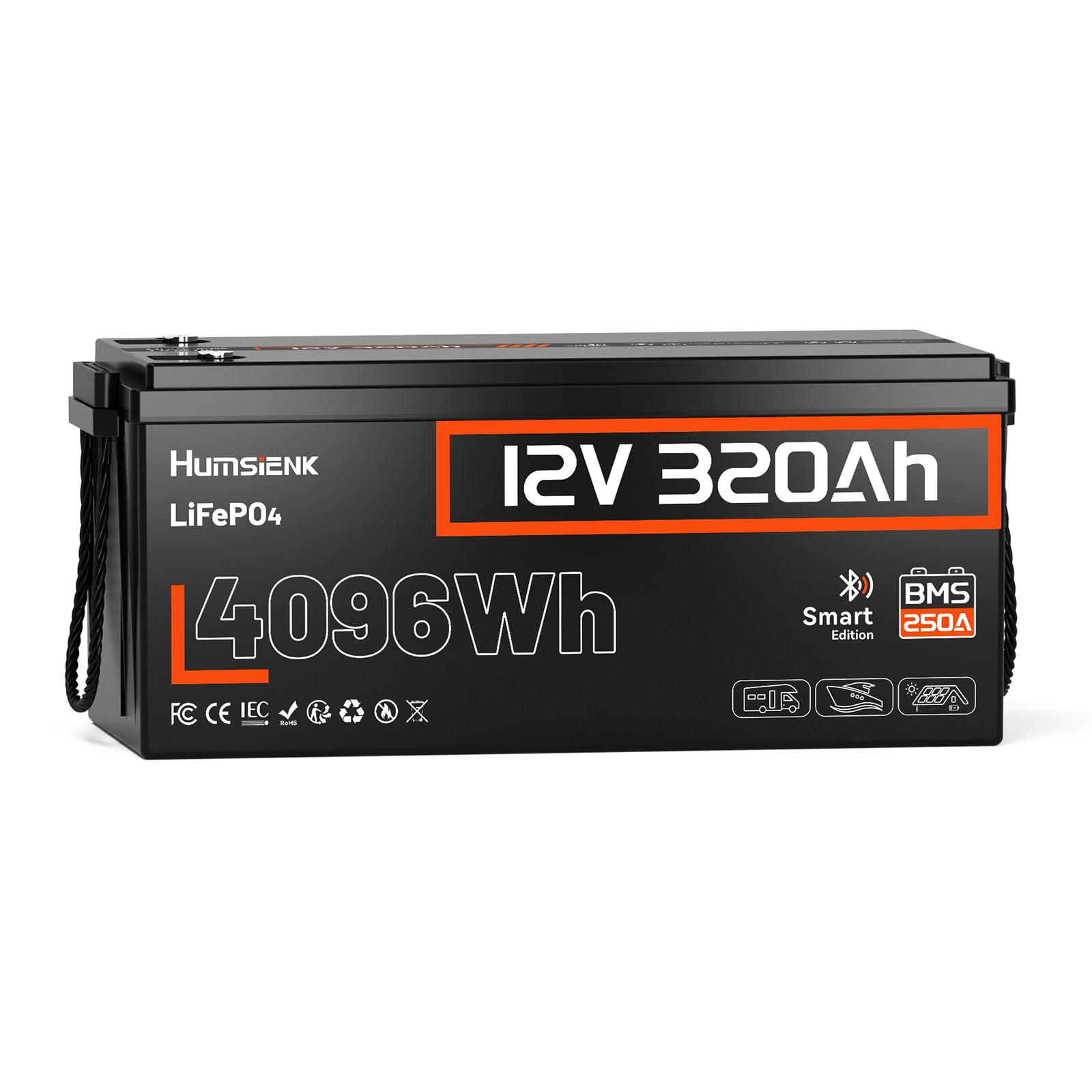 HumsiENK 12V 320Ah LiFePO4 Lithium Battery with Bluetooth, 250A BMS,15000+Cycles 300Ah(320Ah) LiFePO4 Battery, IP65 & Low Temp P