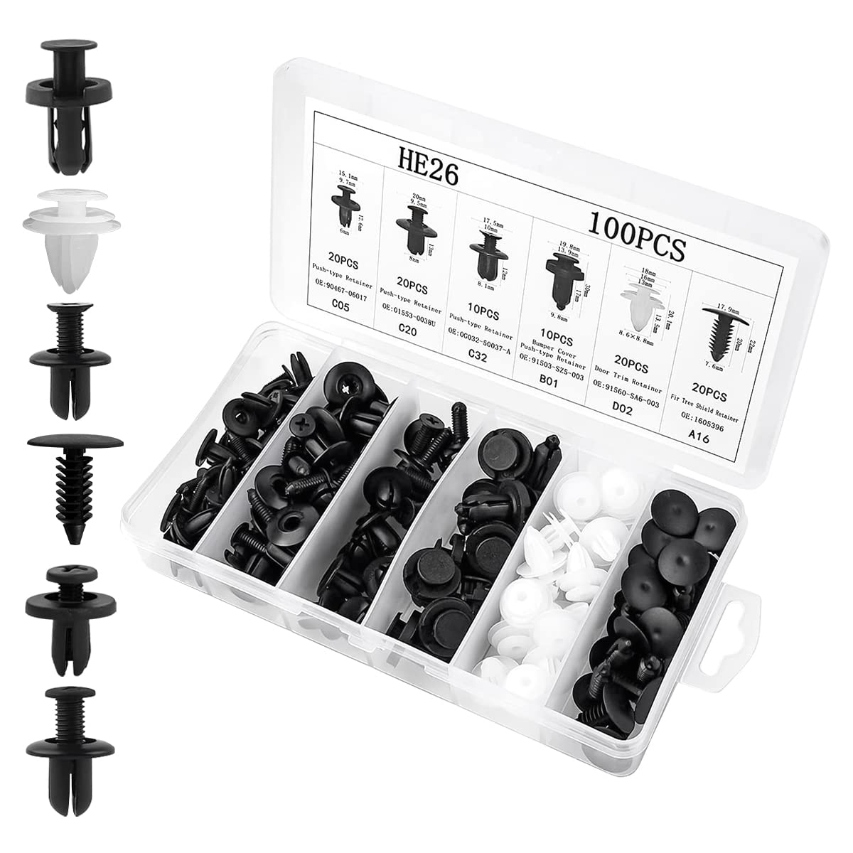 100PCS 6 Sizes Car Retainer Clips Set, Auto Door Trim Panel Clips, Bumper Push Rivet Clips with Storage Box, Expansion Screws Re