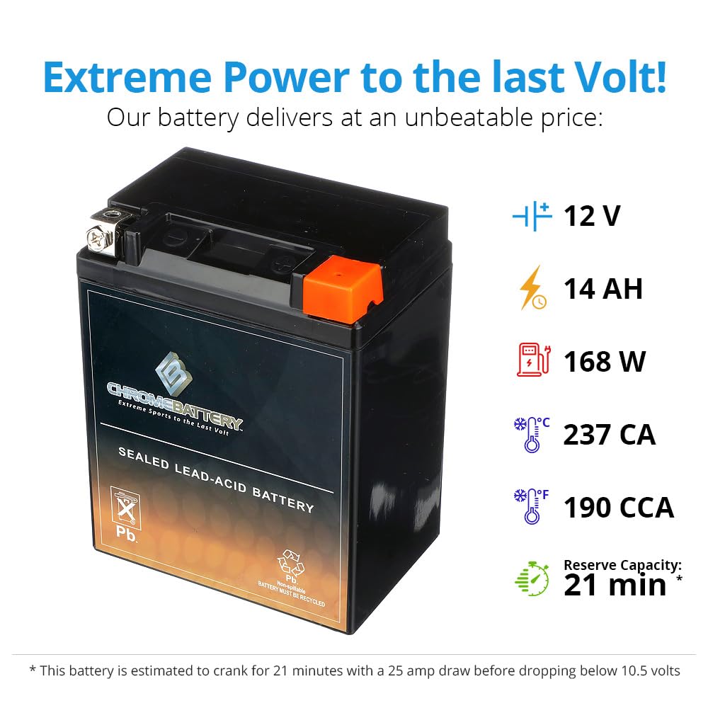 Cb Chromebattery Yb14L-A2 Maintenance-Free 12V 14Ah Battery Replacement For Atv, Motorcycle, Jet Skis, Scooter, Utv, And More -