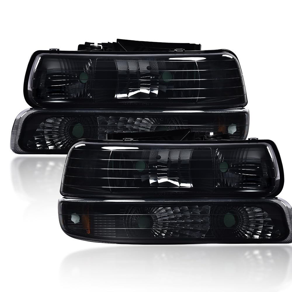 CNNELL Headlights Assembly Compatible with Chevy Silverado 1999-2002/Fit Suburban Tahoe 2000-2006 Smoky Lens Black Housing Amber