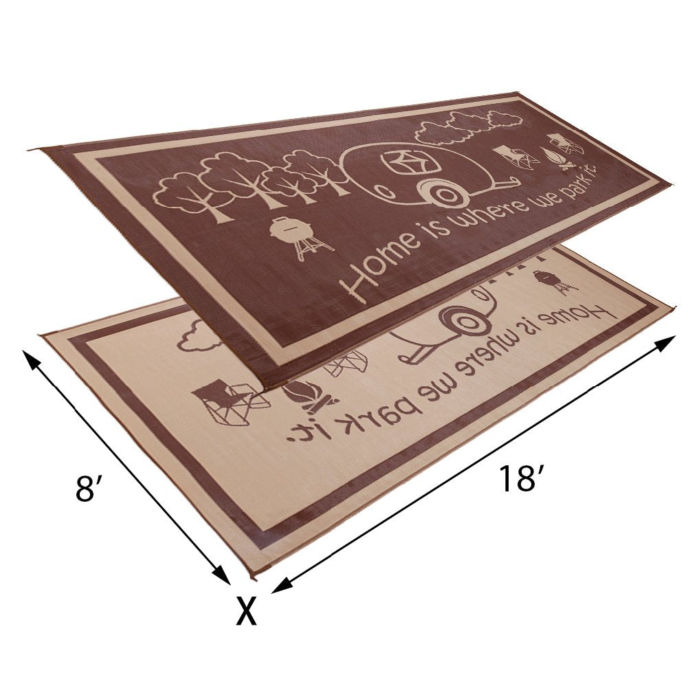 Stylish Camping Reversible Outdoor Mat - 8ft x 18ft, Brown/Beige, Polypropylene, Model RH8187