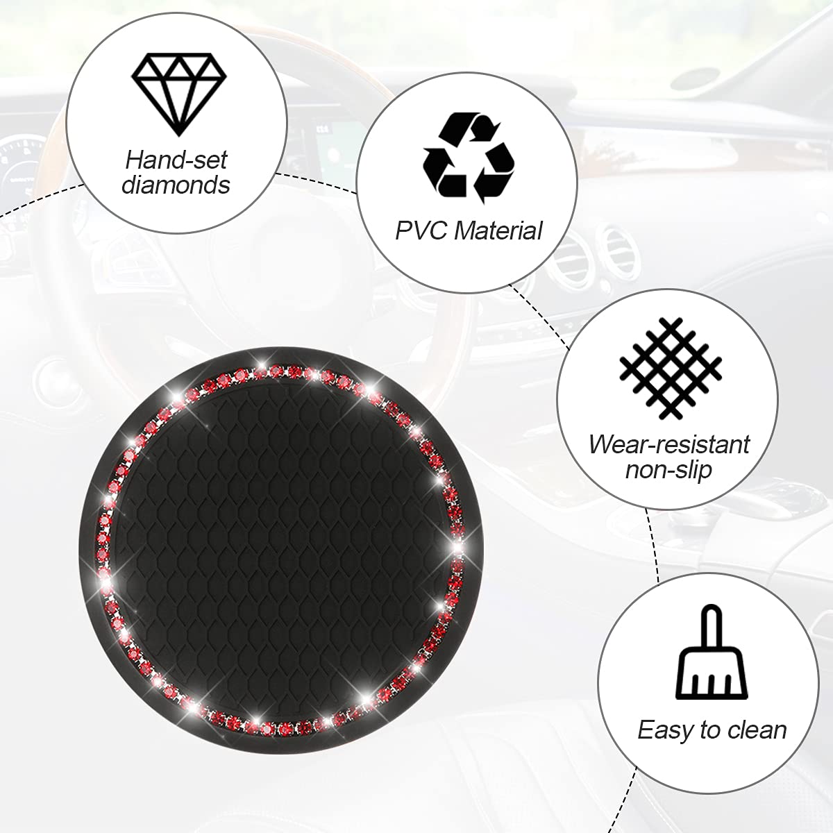 Car Bling Cup Holder Coaster, 2 Pack 2.75 Inch Crystal Rhinestone Car Cup Holder Insert Coaster,Universal For Cars, Vehicles, Suvs, Car Interior Accessories For Women And Men (Black/Red)