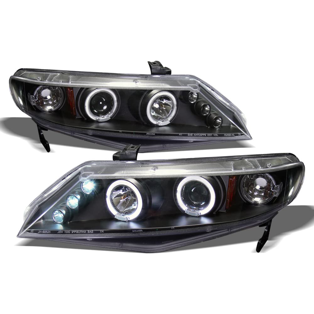TLAPS 7422441274254 Compatible With 2006-2011 Honda Civic 4 Door Sedan Black Housing Halo Projector Headlights With LED & Amber 