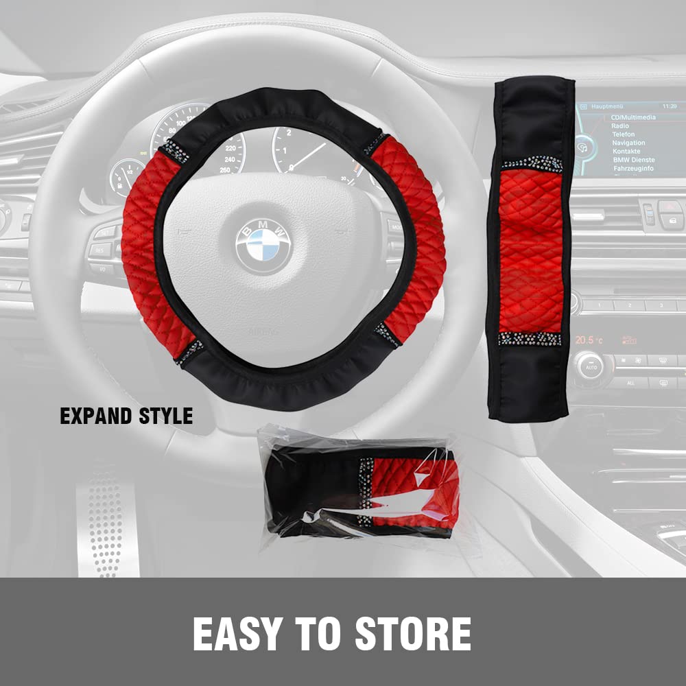 Diamond Leather Steering Wheel Cover,Bling Soft Leather Steering Wheel Cover For Women Girls,Universal 15 Inch Breathable Anti-S