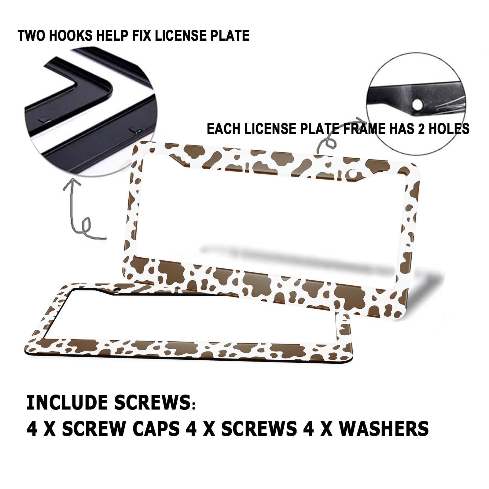 HOSNYE Brown Cow Fur Print License Plate Frame 2 Pcs Metal Cute Licenses Plates Frames Licenses Plate Covers Car Tag Frame for W