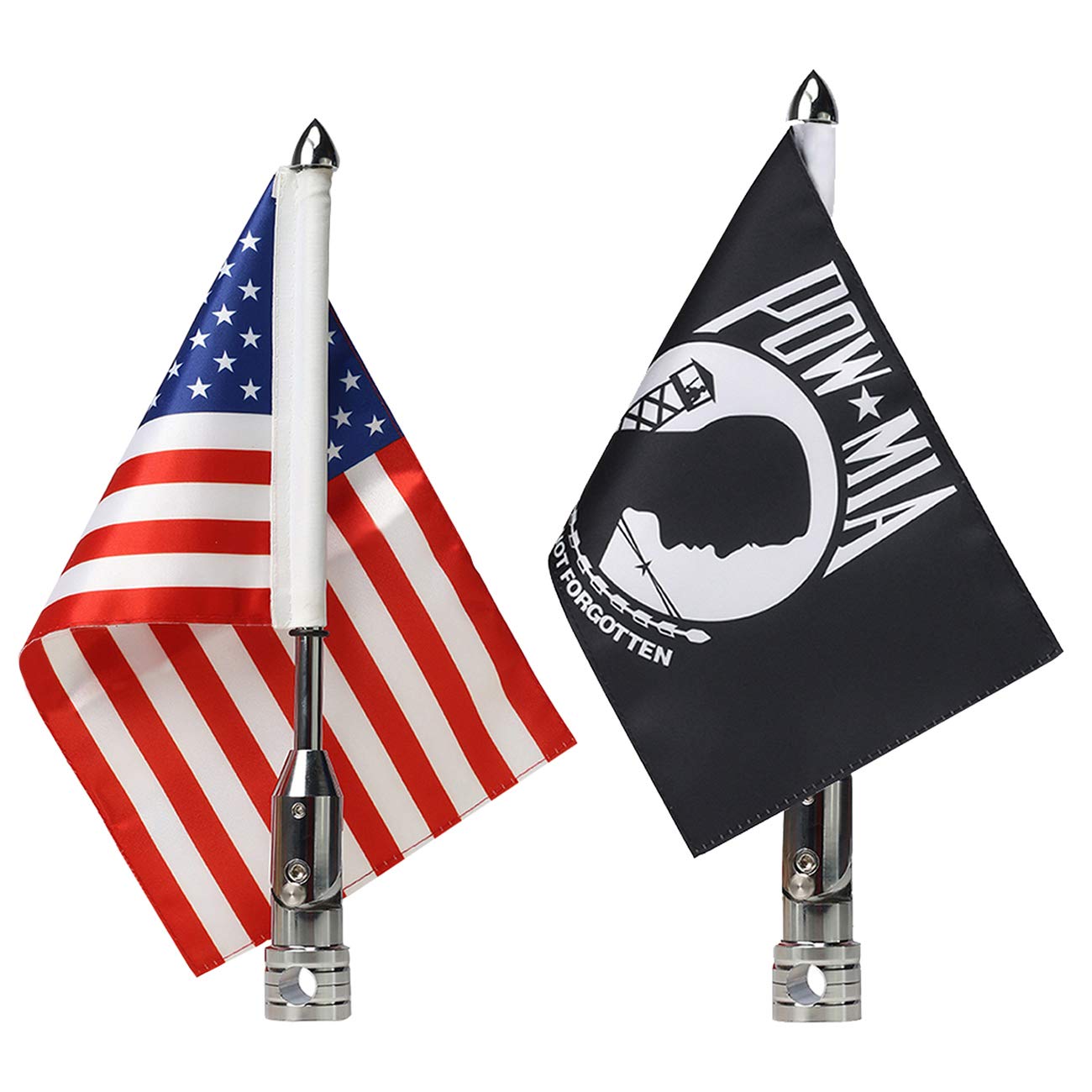 Gdcreestar 2 Pack Motorcycle Flag Pole with American & POW-MIA Flags, 6.7''x10.2'', Silver Holder for Harley, Honda, Touring