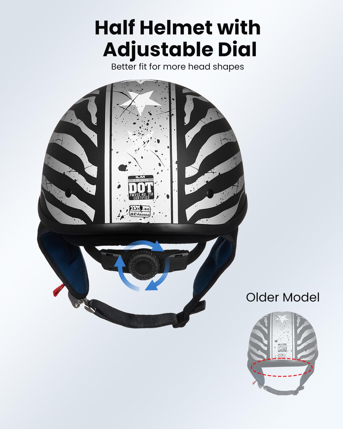ILM Half Helmet Motorcycle Open Face, Large, Patriotic Flag, Model 205V, DOT Approved, Quick Release Buckle, ABS Material