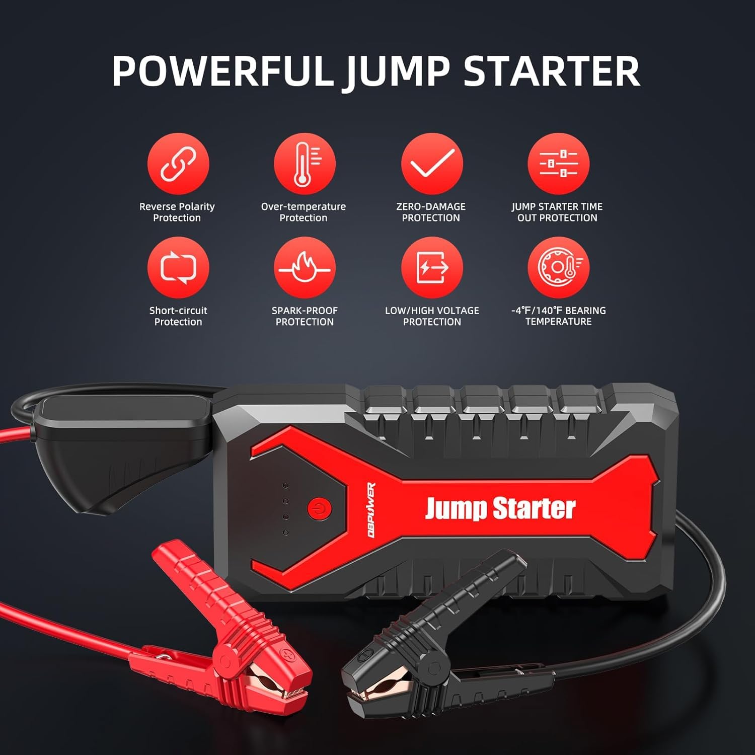 DBPOWER G16 Portable Car Jump Starter 3000A 12V Battery Booster, Quick Charge, LED, Compact, Red