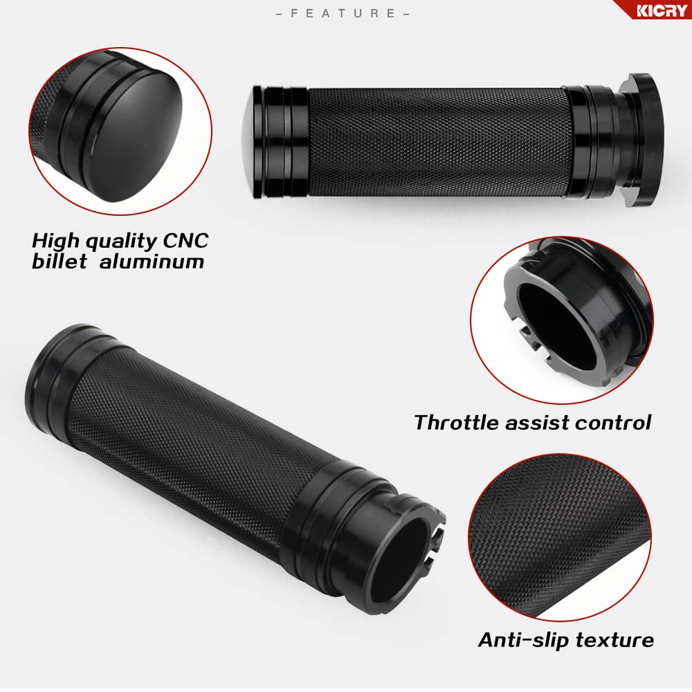 KICRY 1'' Motorcycle Hand Grips Black Chrome Handlebar Grips Compatible with Harley Touring Honda Yamaha Suzuki Kawasaki (Black-