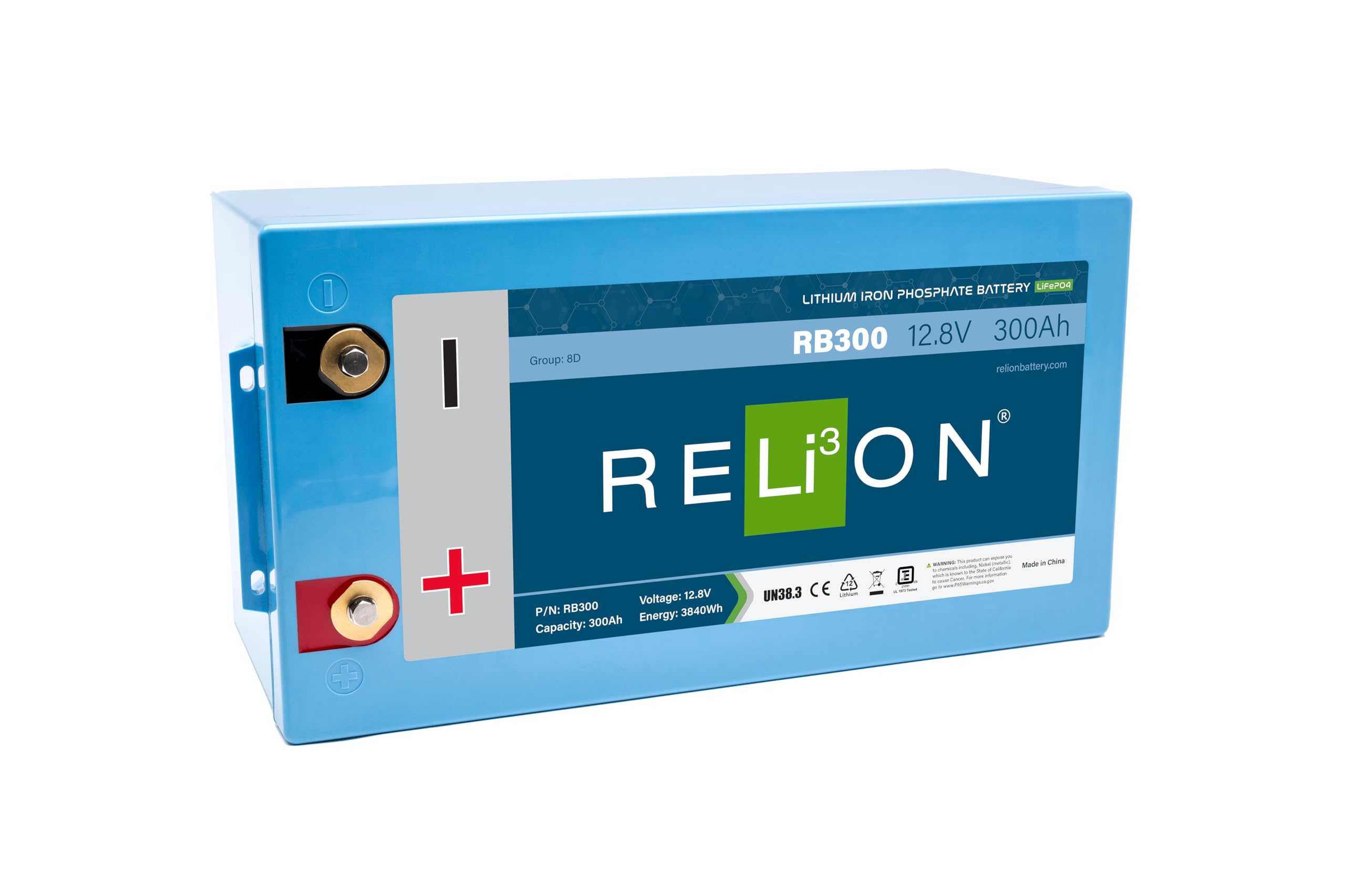 RELiON RB300 LiFePO4 12V 300Ah Lithium Battery - Waterproof, 10 Year Warranty, Ideal for Marine, RV, Off Grid - Blue