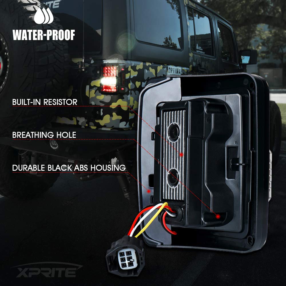 Xprite Led Tail Lights Compatible With Jeep Wrangler Jk Jku Rubicon Sahara Sport 07-18, 4D Clear Lens, Brake Turn Signal/Reverse