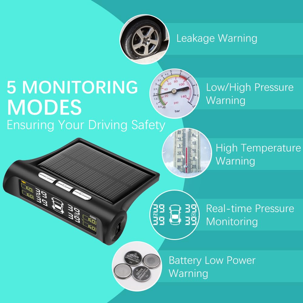 Venceza Tire Pressure Monitoring System - Tpms Tire Pressure Monitor System With Solar Charger, Tpms With 4 External Sensors & 5