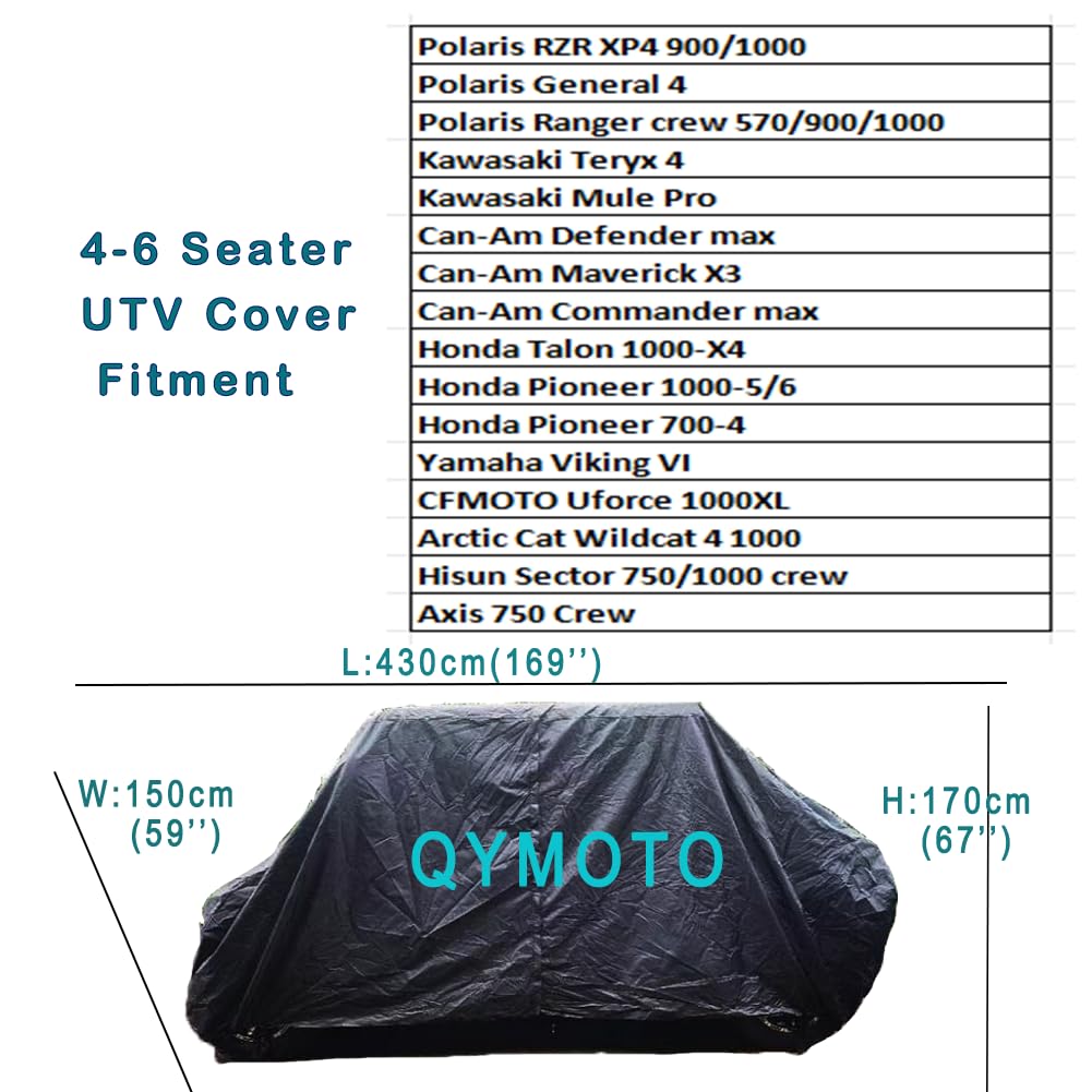 QYMOTO 4-6 Seater UTV Crew Cover Side Zipper Waterproof Windproof 420D Heavy Duty for CFMOTO Uforce 1000 XL, Polaris RZR 900/100