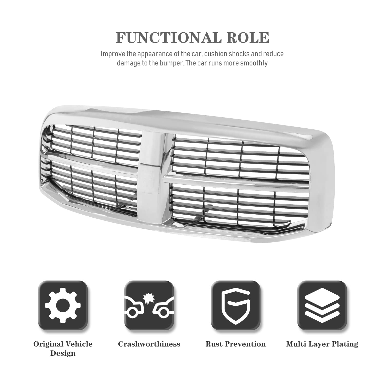 CarPartsDepot Front Grill Grille Assembly Replacement for Dodge Ram 1500/2500/3500, Unpainted, Chrome & Black Insert, 2006-2009