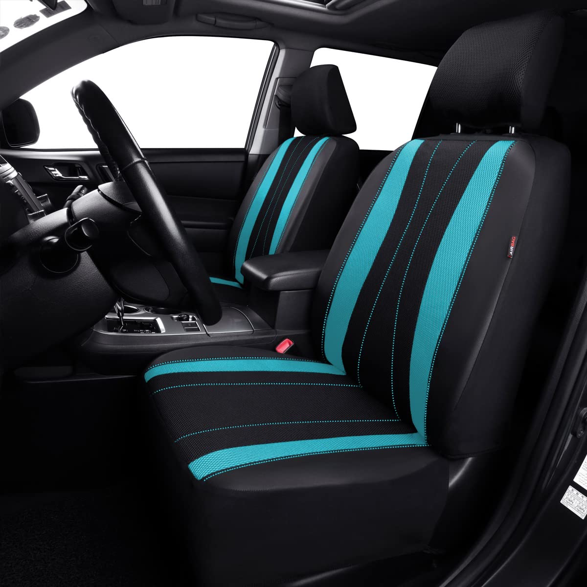 Flying Banner Car Seat Covers Full Set Faux Leather Air Mesh Breathable Man Lady Airbag Compatible Rear Bench Split 40/60 50/50 60/40 Truck Pick Up (Full Set - Low Back, Black Mint Blue)