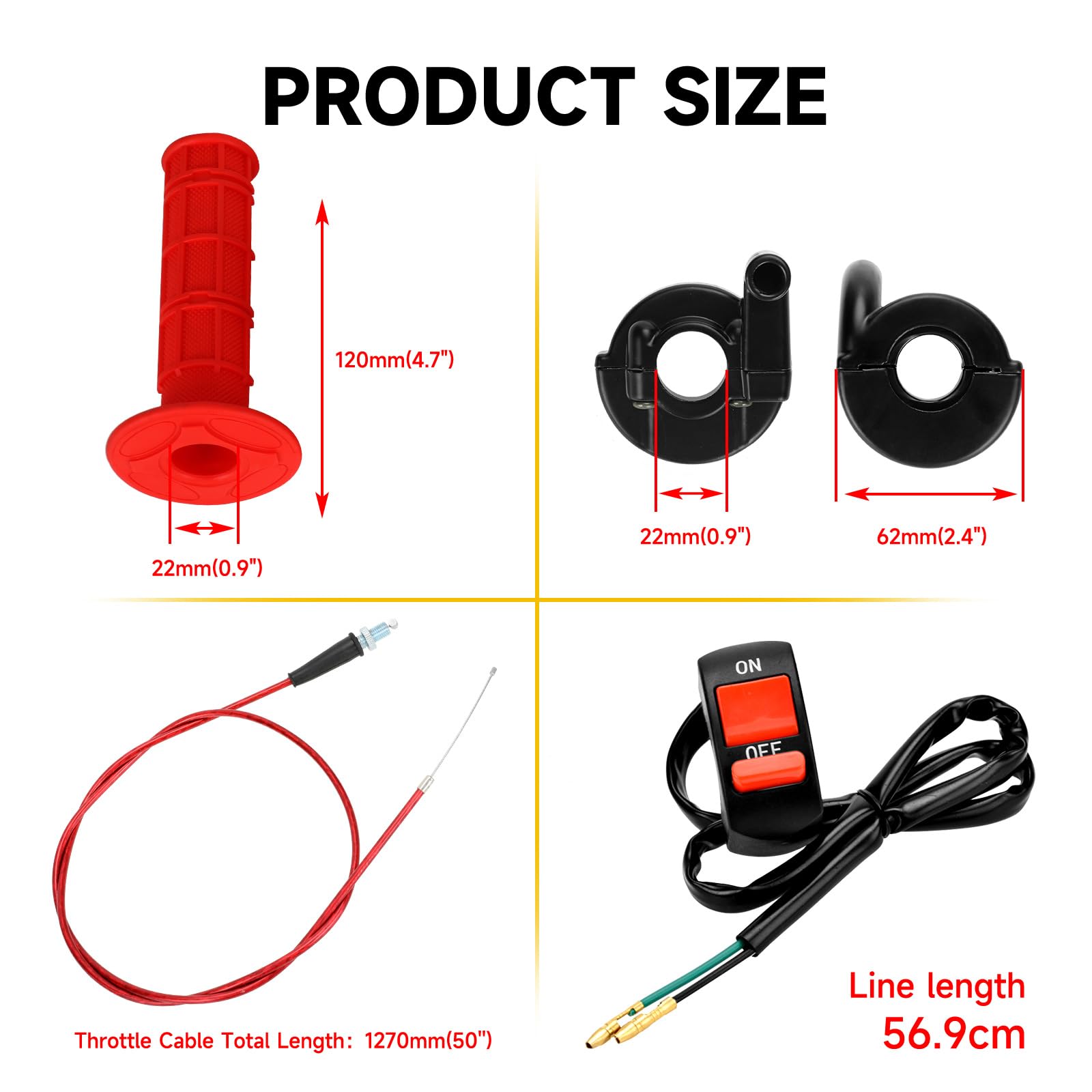 HIAORS Mini Bike Throttle Cable Handlebar Grips Kit, 7/8" Throttle Assembly, Red, Compatible with Coleman CT200U, Model HO-THC-RD