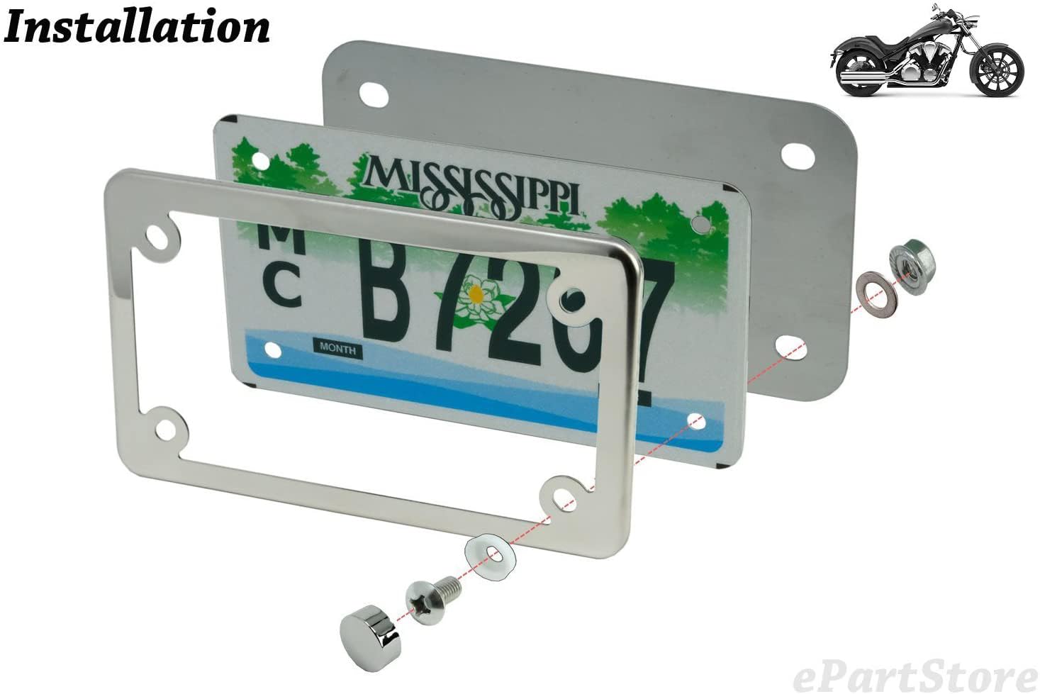 Lfparts Motorcycle Polished Slim Style Stainless Steel License Plate Frame, Chrome