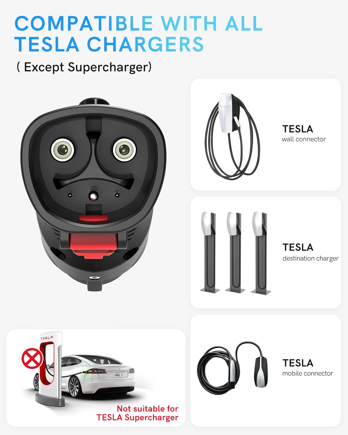 Ev Charging Adapter For Tesla To J1772, Up To 60Amp With Safety Lock, Ip65, Portable J1772 Tesla Adapter, Compatible With Tesla