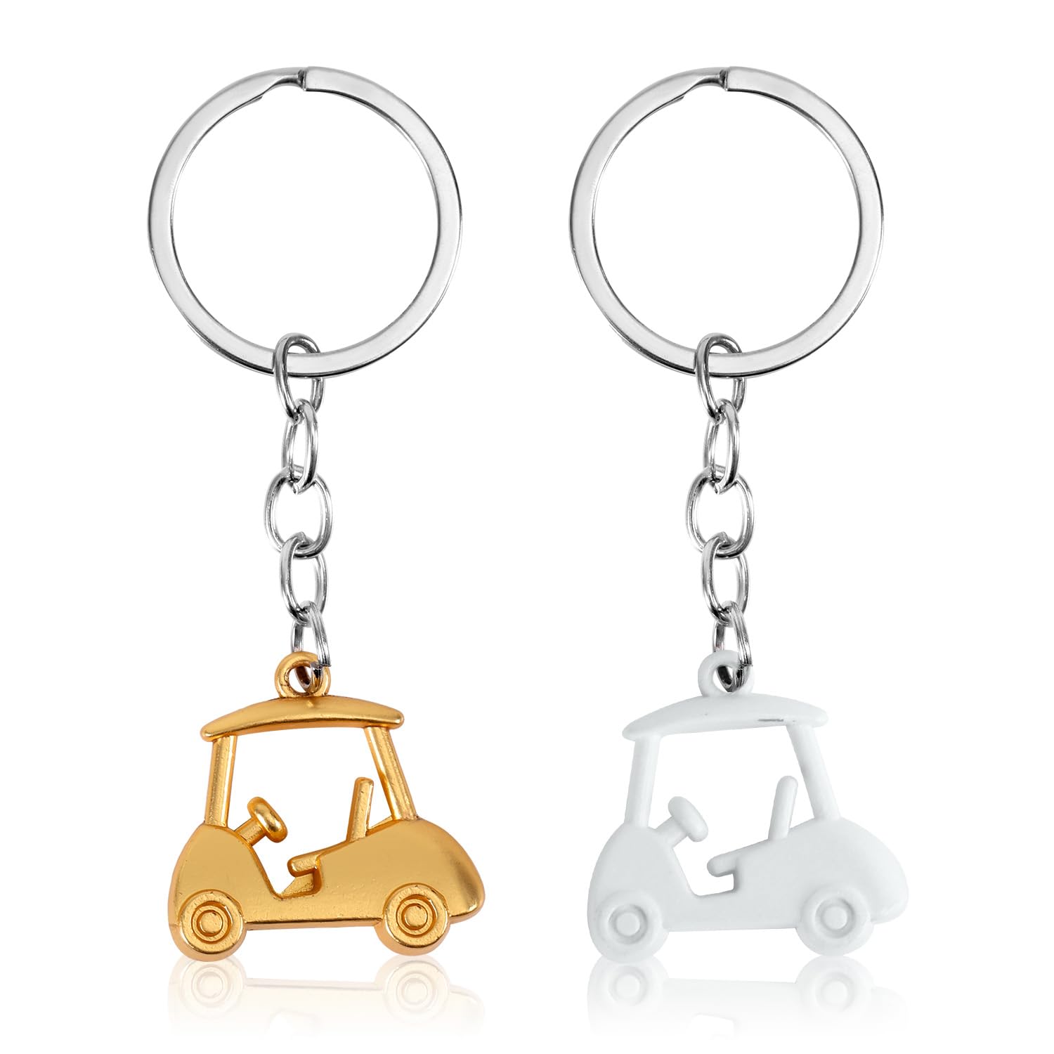 Mikovivi 2pcs Golf Cart Keychains, Zinc Alloy Pendant Golf Style Keyring Unisex Key Chains for Men and Women (White, Gold)