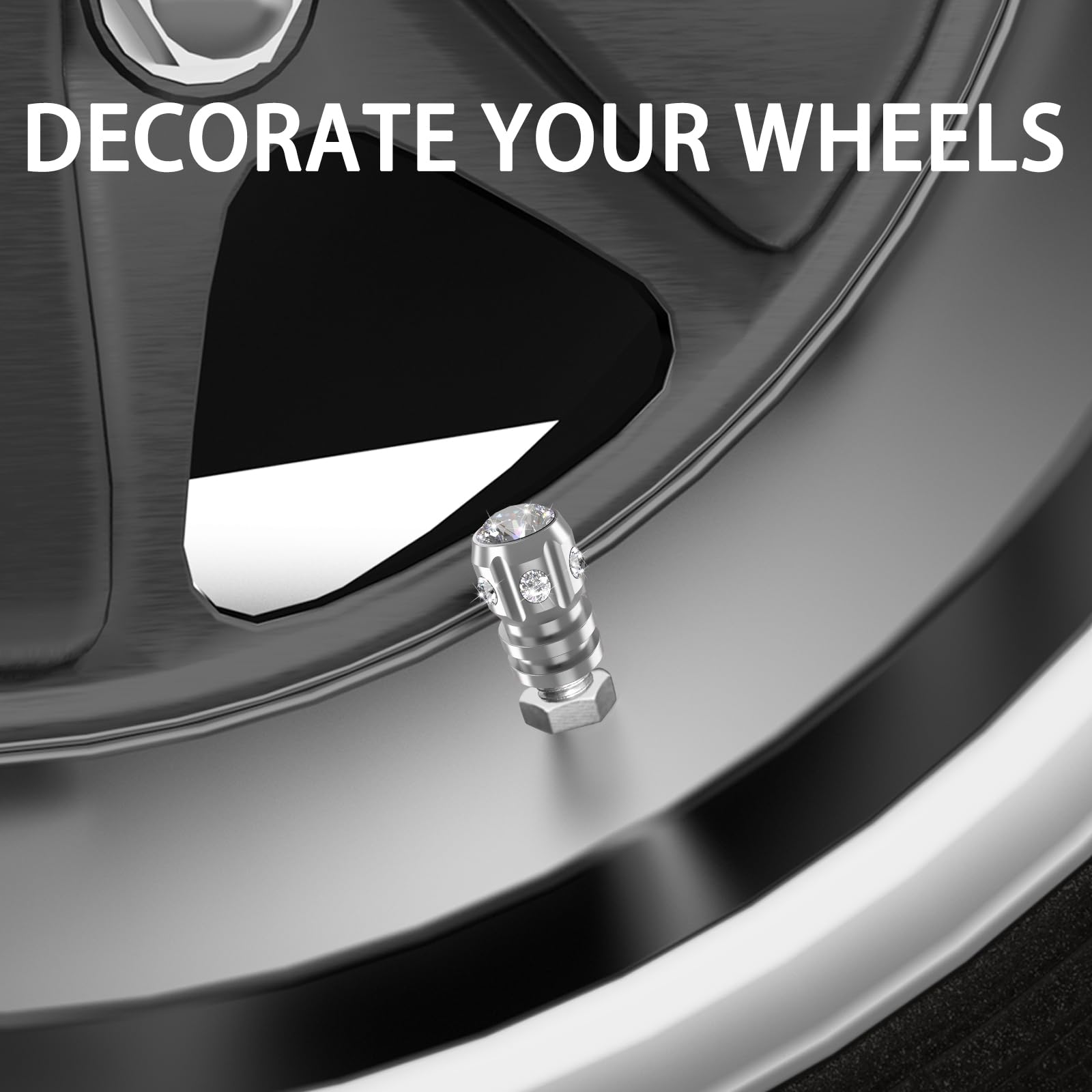 QUARKACE Tire Valve Caps - Sparkly Rhinestone, Anti-Fading, Corrosion Resistant, Silver - 4 Pack for Cars, SUVs, Trucks, Bikes